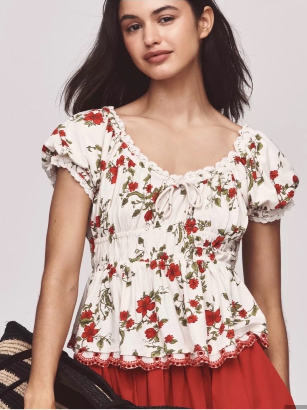 Maeve Ivory Top with Red Floral Print